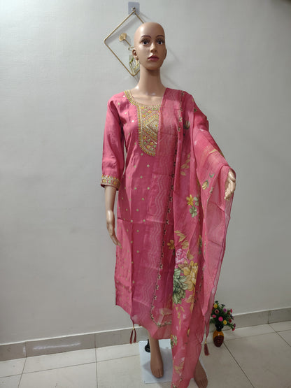 Rose Pink Roman Silk Kurta Set with Floral Dupatta – Festive & Wedding Wear for Women