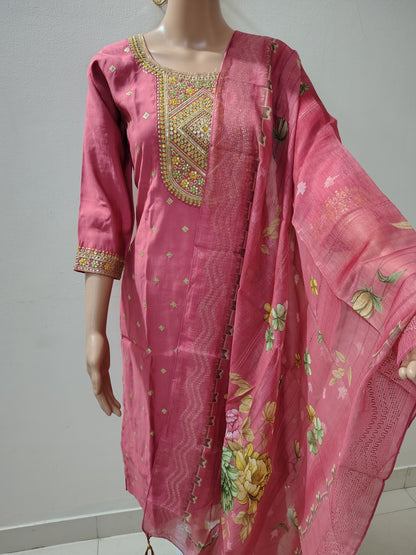 Rose Pink Roman Silk Kurta Set with Floral Dupatta – Festive & Wedding Wear for Women