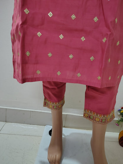 Rose Pink Roman Silk Kurta Set with Floral Dupatta – Festive & Wedding Wear for Women