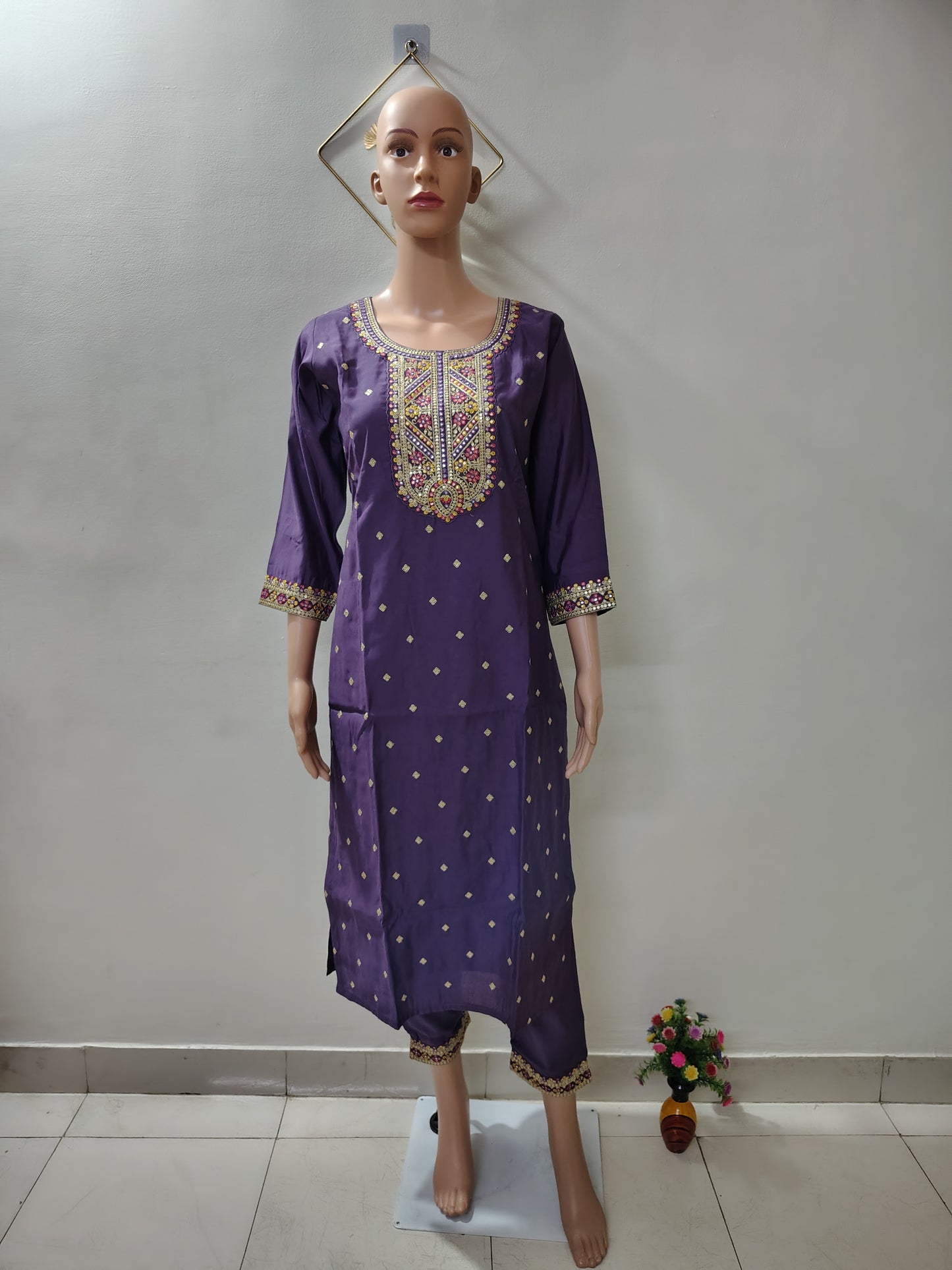 Royal Purple Roman Silk Kurta Set with Embroidered Dupatta – Festive & Wedding Wear for Women