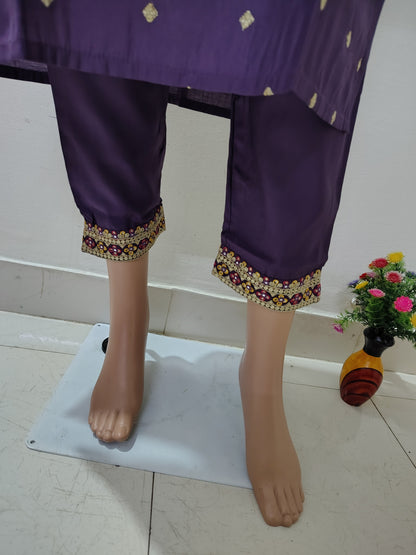 Royal Purple Roman Silk Kurta Set with Embroidered Dupatta – Festive & Wedding Wear for Women
