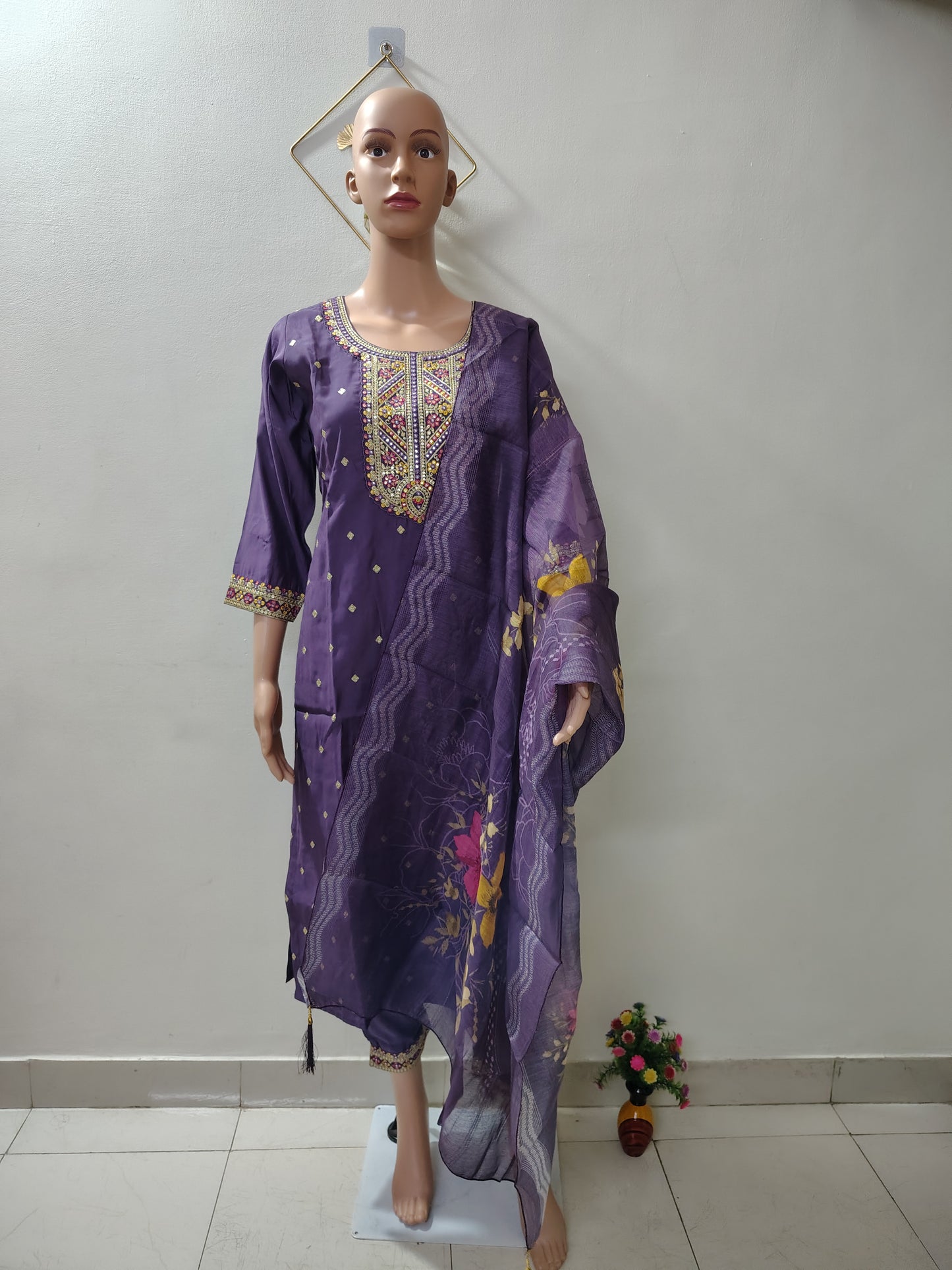 Royal Purple Roman Silk Kurta Set with Embroidered Dupatta – Festive & Wedding Wear for Women