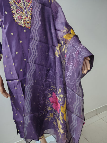 Royal Purple Roman Silk Kurta Set with Embroidered Dupatta – Festive & Wedding Wear for Women