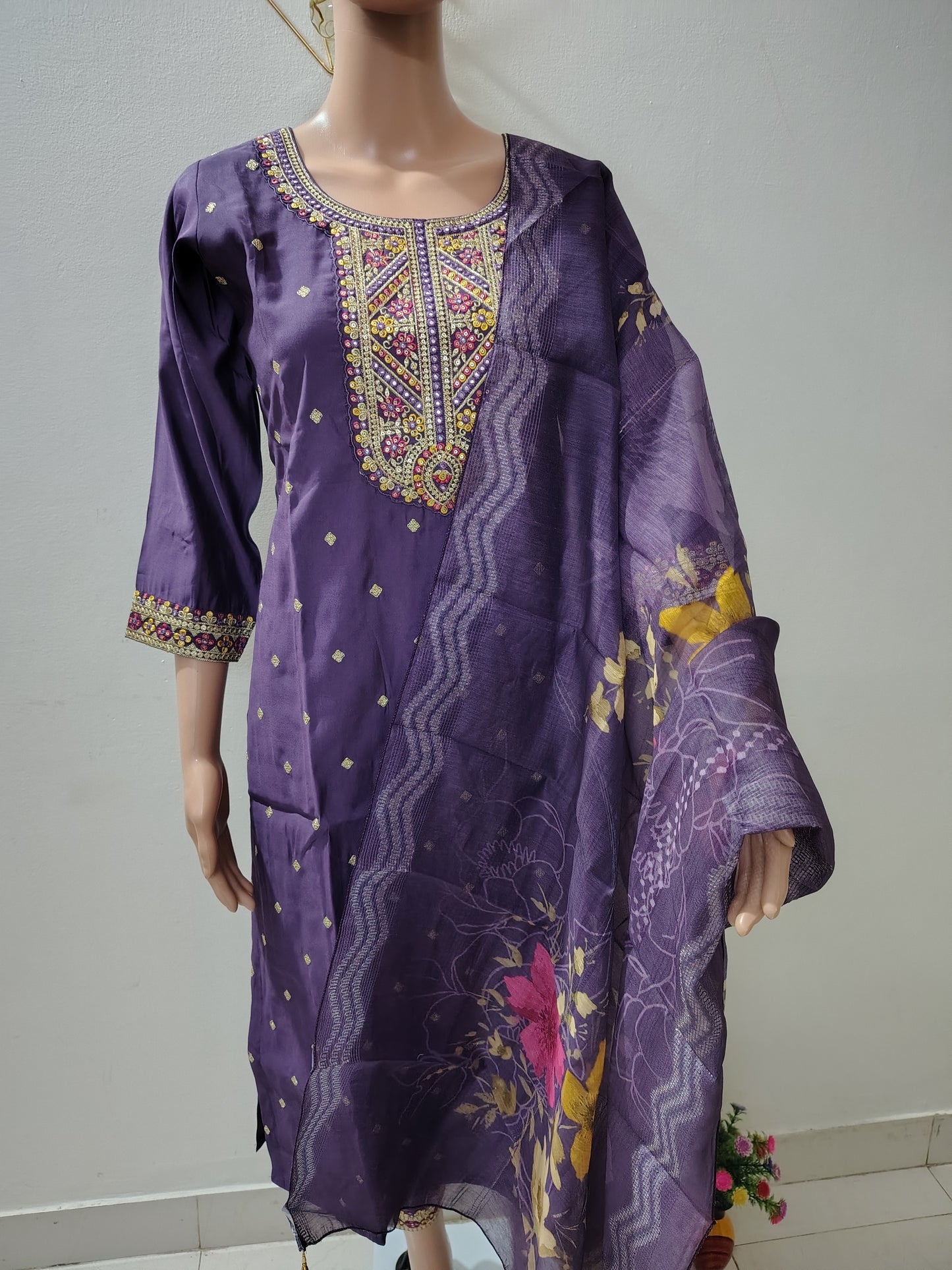 Royal Purple Roman Silk Kurta Set with Embroidered Dupatta – Festive & Wedding Wear for Women