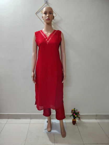 Elegant Red Roman Silk Ethnic Kurta Set for Women – Party Wear & Festive Collection