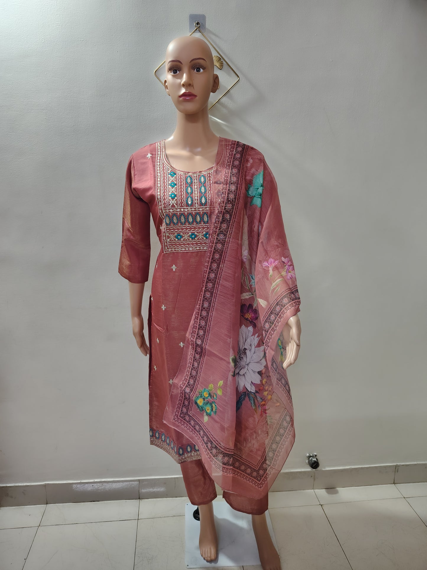 Dusty Pink Embroidered Simar Suit  Set with Floral Organza Dupatta for Women