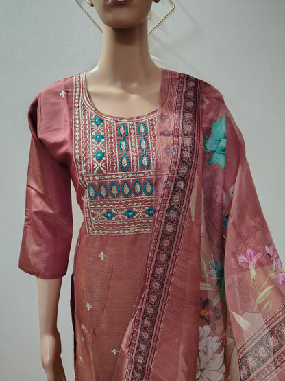 Dusty Pink Embroidered Simar Suit  Set with Floral Organza Dupatta for Women