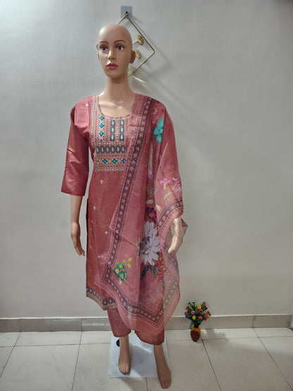 Dusty Pink Embroidered Simar Suit  Set with Floral Organza Dupatta for Women