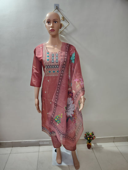 Dusty Pink Embroidered Simar Suit  Set with Floral Organza Dupatta for Women