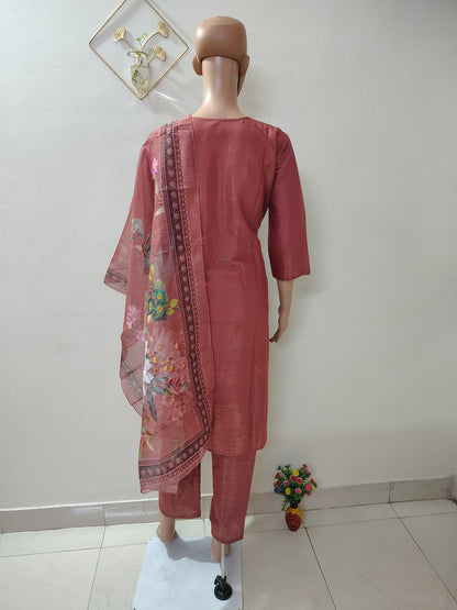 Dusty Pink Embroidered Simar Suit  Set with Floral Organza Dupatta for Women