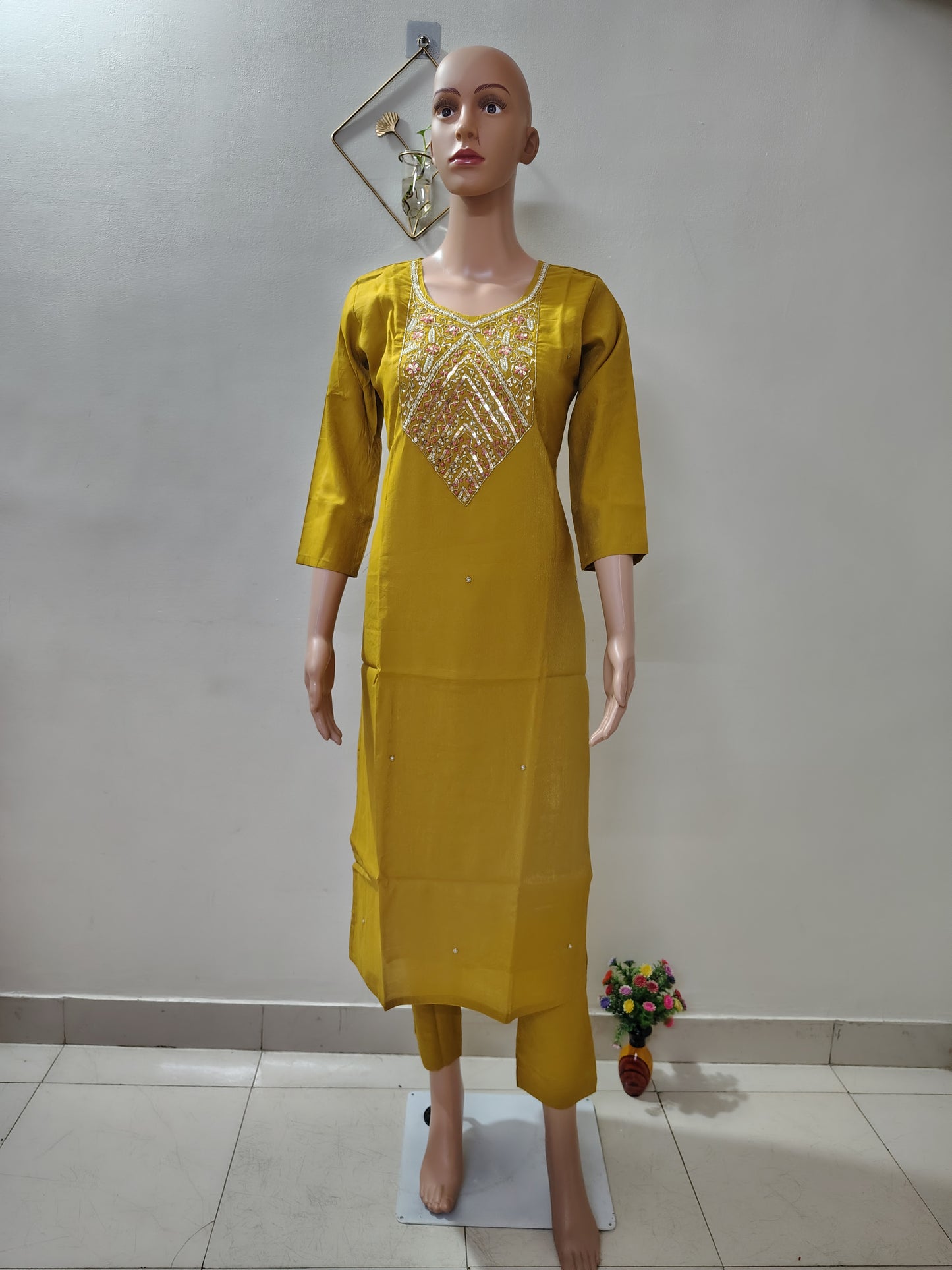 Mustard Simar Roman Silk Suit Set with Sequins & Katdana Embroidery Festive & Wedding Wear for Women