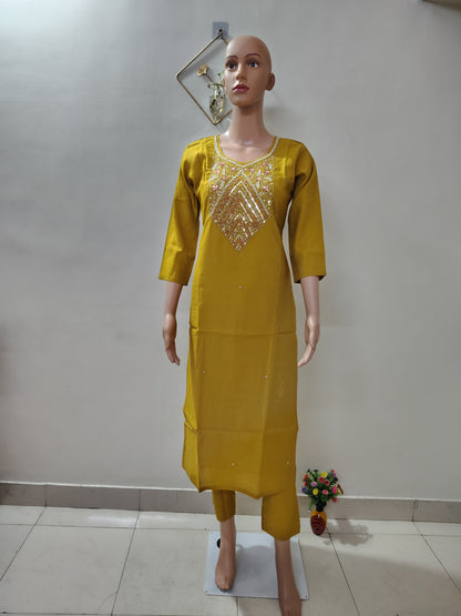 Mustard Simar Roman Silk Suit Set with Sequins & Katdana Embroidery Festive & Wedding Wear for Women