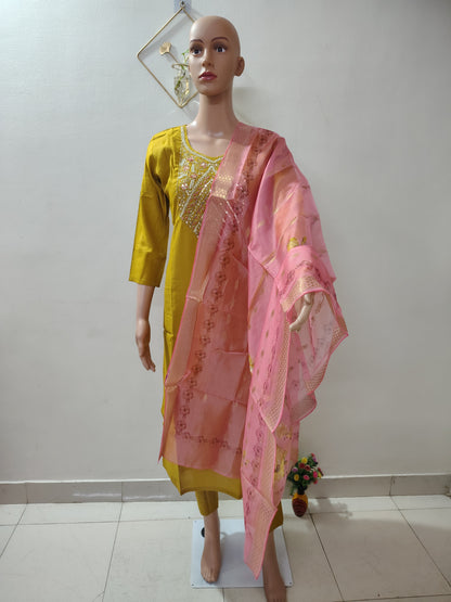 Mustard Simar Roman Silk Suit Set with Sequins & Katdana Embroidery Festive & Wedding Wear for Women