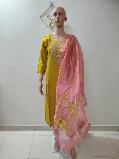 Mustard Simar Roman Silk Suit Set with Sequins & Katdana Embroidery Festive & Wedding Wear for Women
