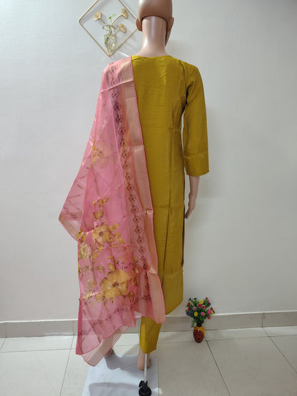 Mustard Simar Roman Silk Suit Set with Sequins & Katdana Embroidery Festive & Wedding Wear for Women