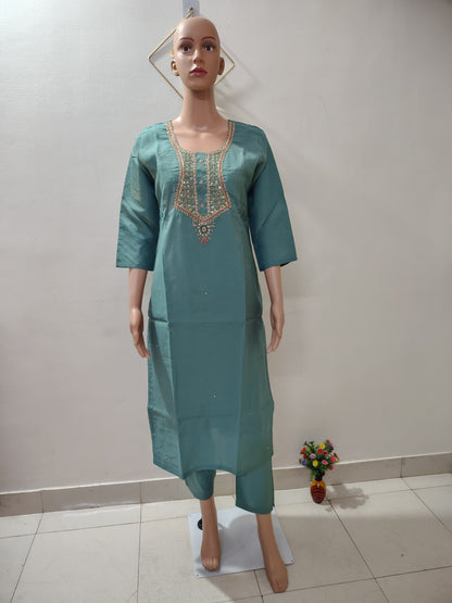 Teal Simar Roman Silk Suit Set with Sequins & Katdana Embroidery Festive & Wedding Wear for Women