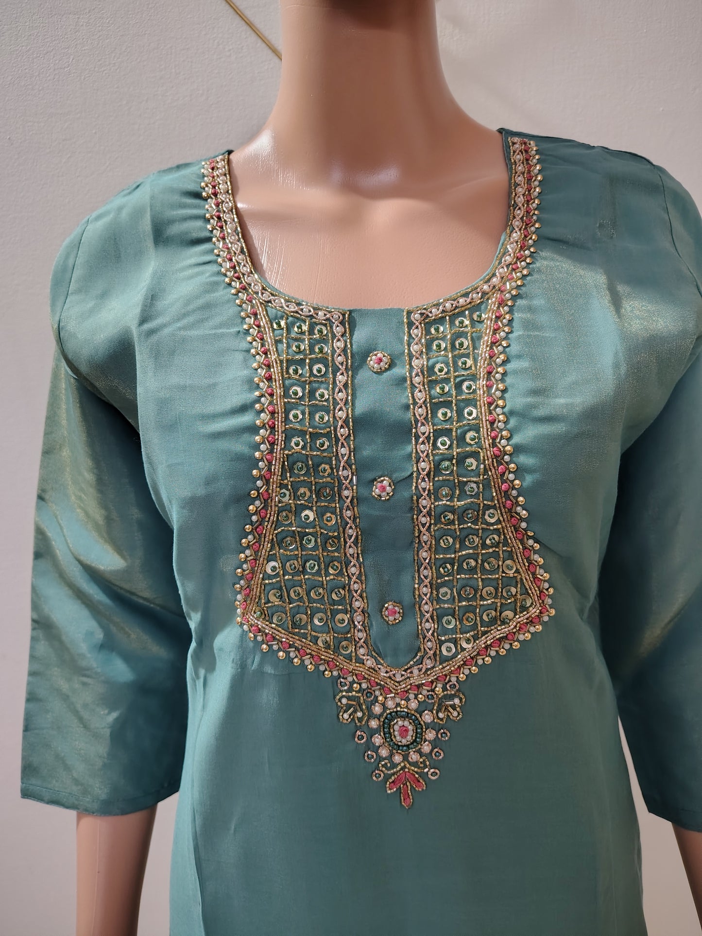 Teal Simar Roman Silk Suit Set with Sequins & Katdana Embroidery Festive & Wedding Wear for Women