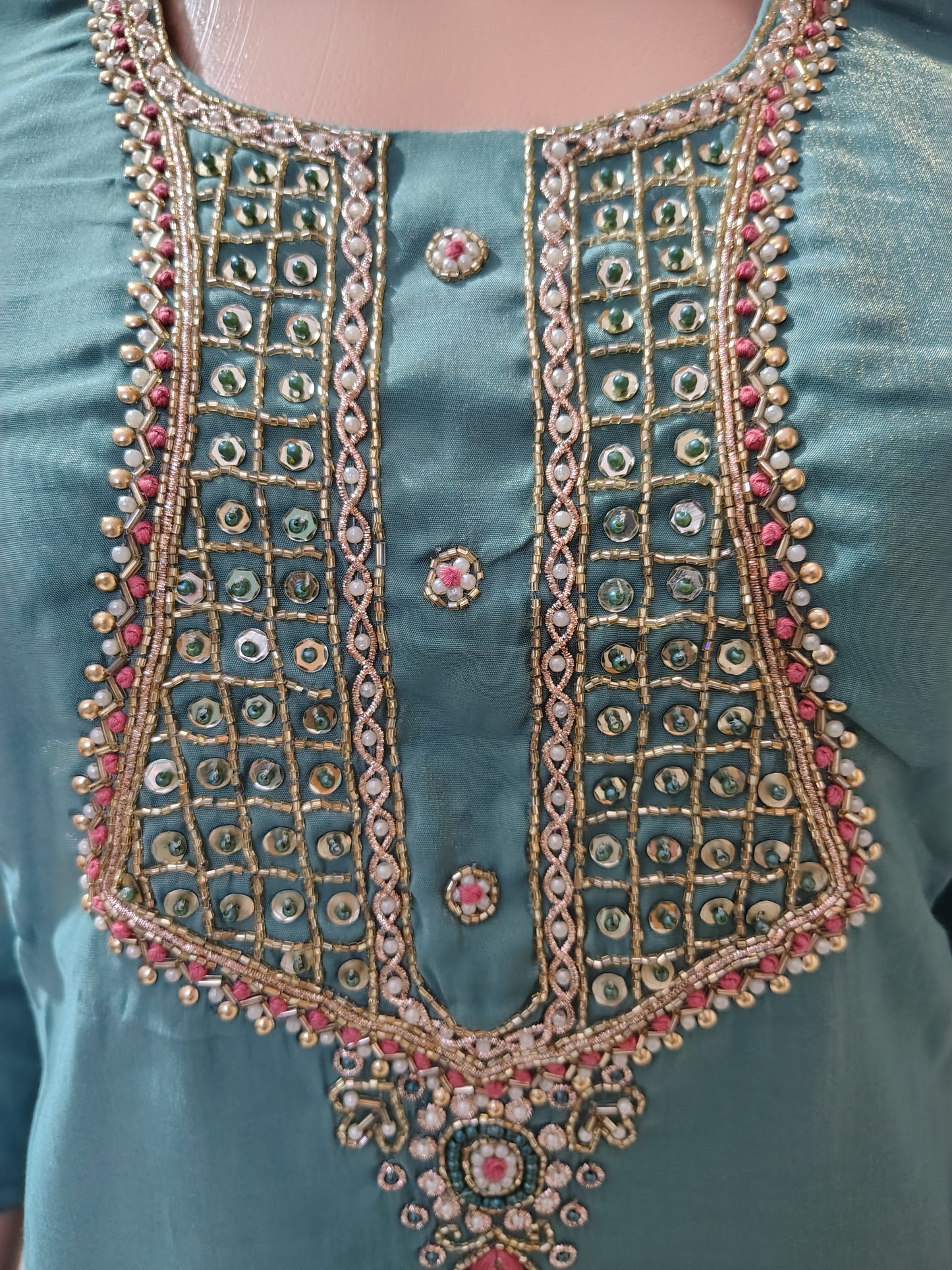 Teal Simar Roman Silk Suit Set with Sequins & Katdana Embroidery Festive & Wedding Wear for Women