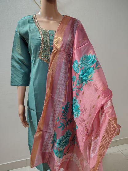 Teal Simar Roman Silk Suit Set with Sequins & Katdana Embroidery Festive & Wedding Wear for Women