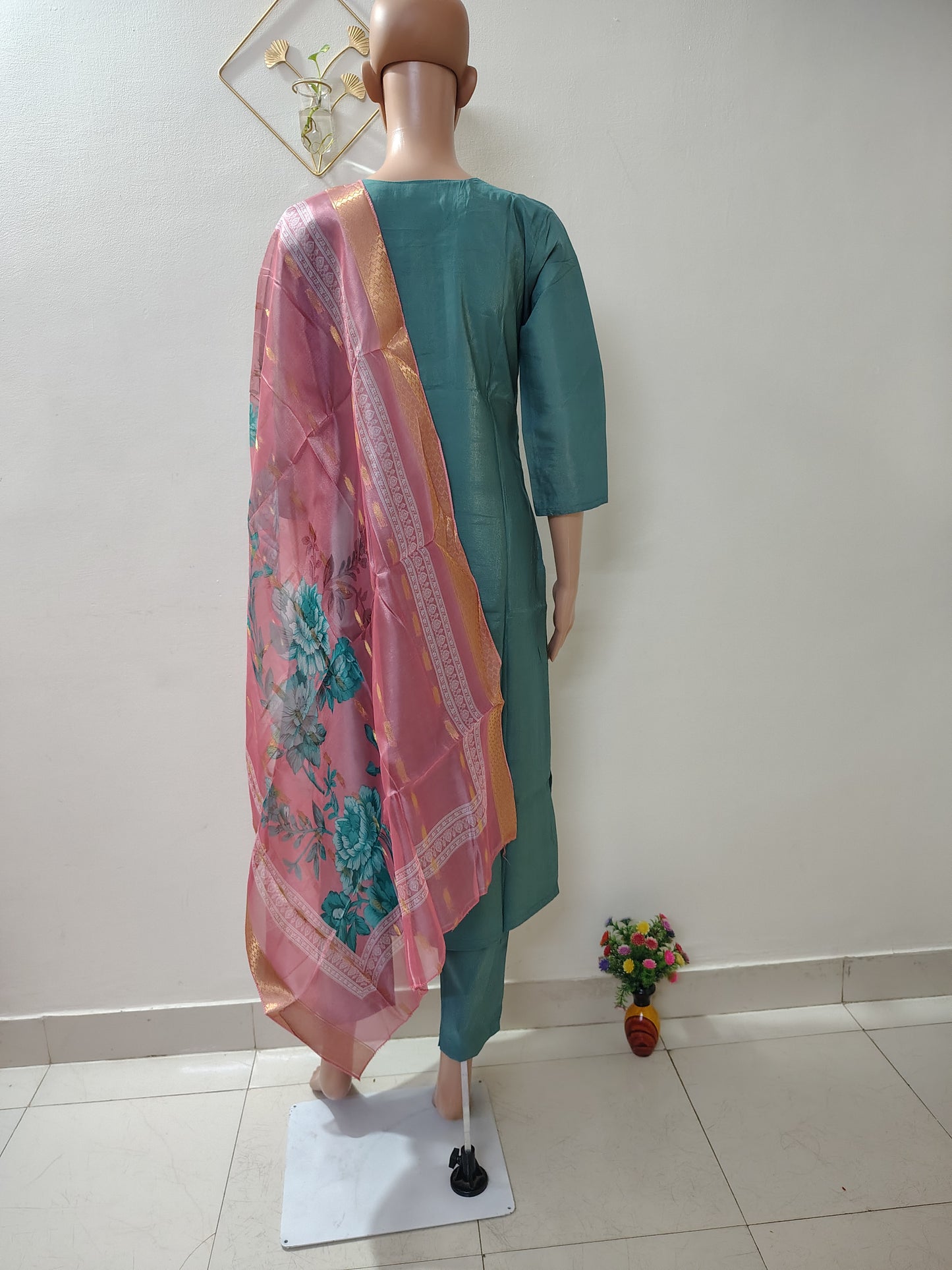 Teal Simar Roman Silk Suit Set with Sequins & Katdana Embroidery Festive & Wedding Wear for Women