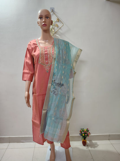 Peach Simar Roman Silk Suit Set with Sequins & Katdana Embroidery for Women