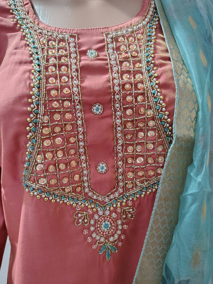 Peach Simar Roman Silk Suit Set with Sequins & Katdana Embroidery for Women