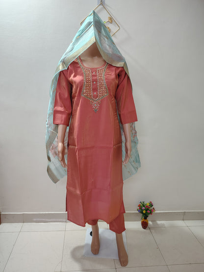 Peach Simar Roman Silk Suit Set with Sequins & Katdana Embroidery for Women