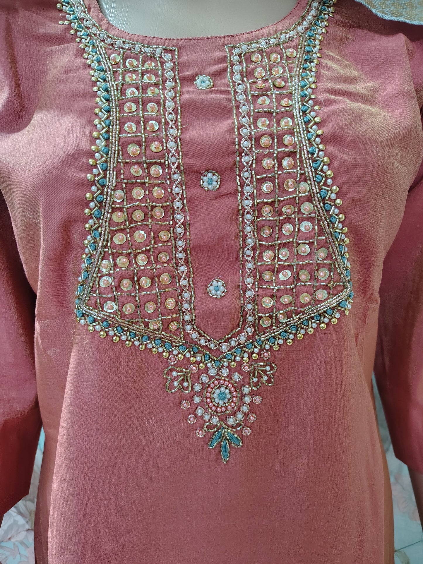 Peach Simar Roman Silk Suit Set with Sequins & Katdana Embroidery for Women