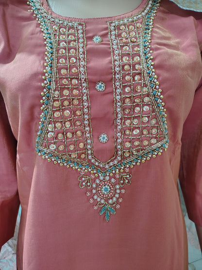 Peach Simar Roman Silk Suit Set with Sequins & Katdana Embroidery for Women