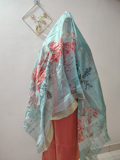 Peach Simar Roman Silk Suit Set with Sequins & Katdana Embroidery for Women