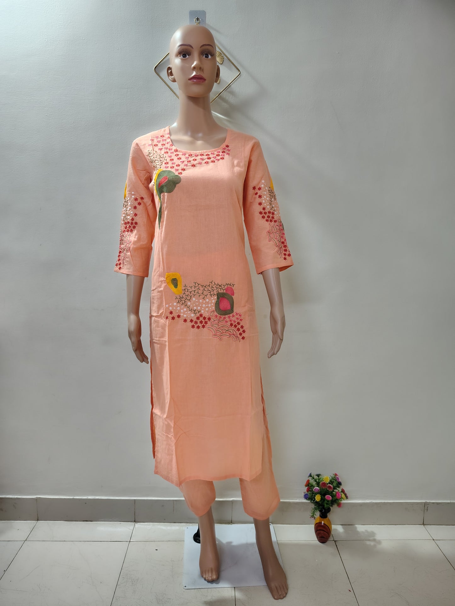 Peach Embroidered Kurta Set with Dupatta