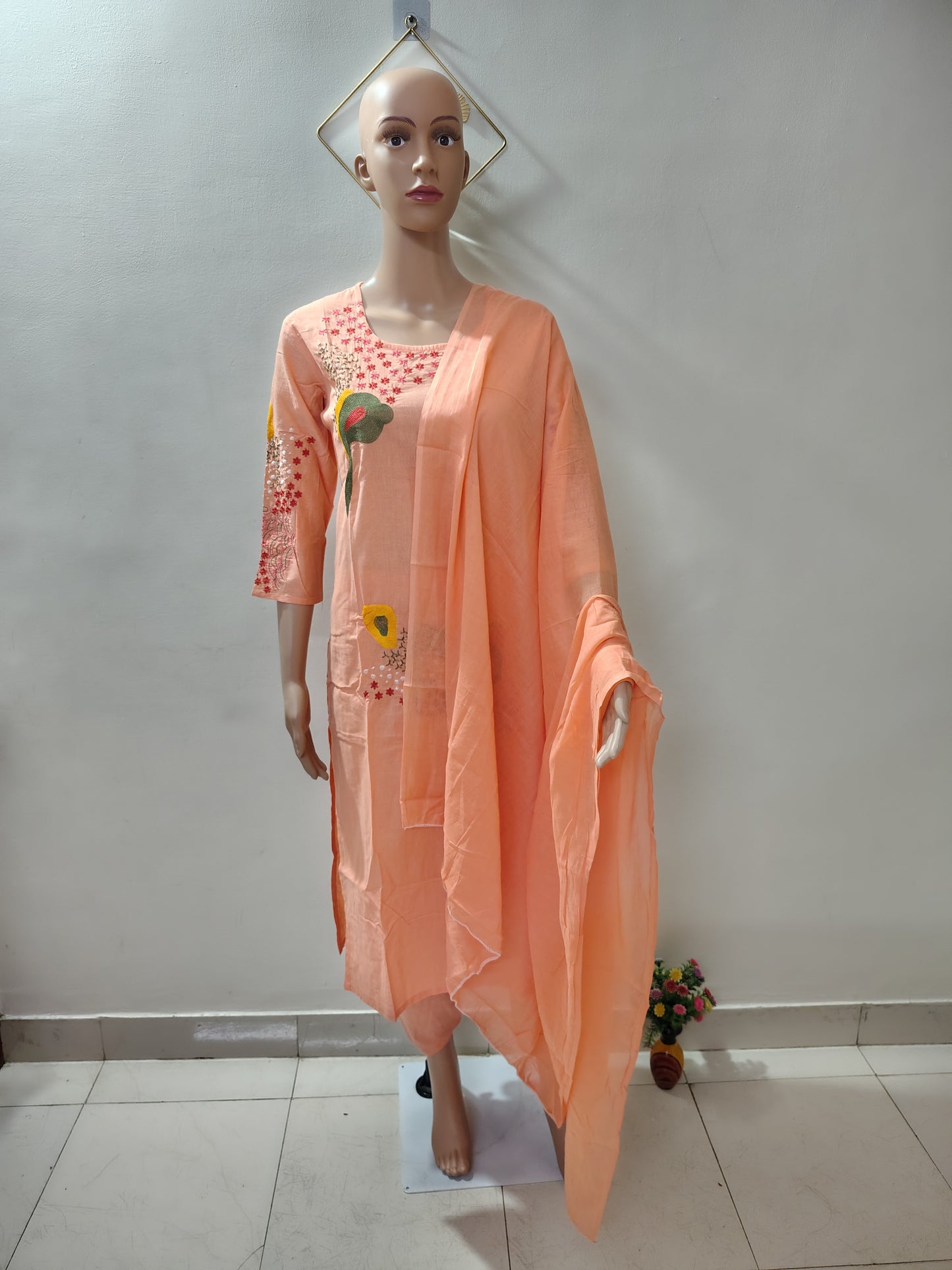 Peach Embroidered Kurta Set with Dupatta