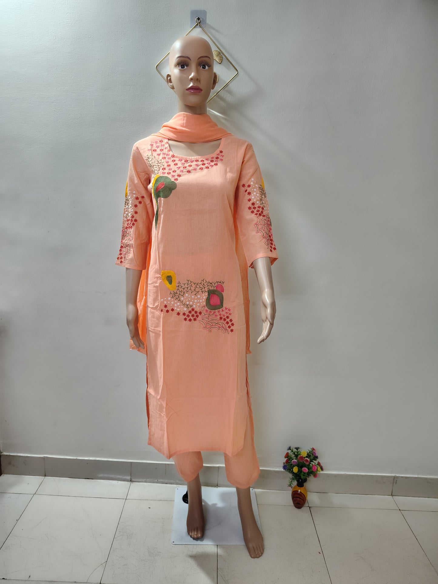 Peach Embroidered Kurta Set with Dupatta