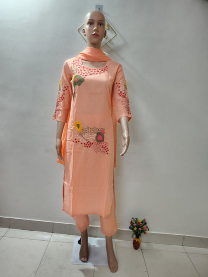 Peach Embroidered Kurta Set with Dupatta