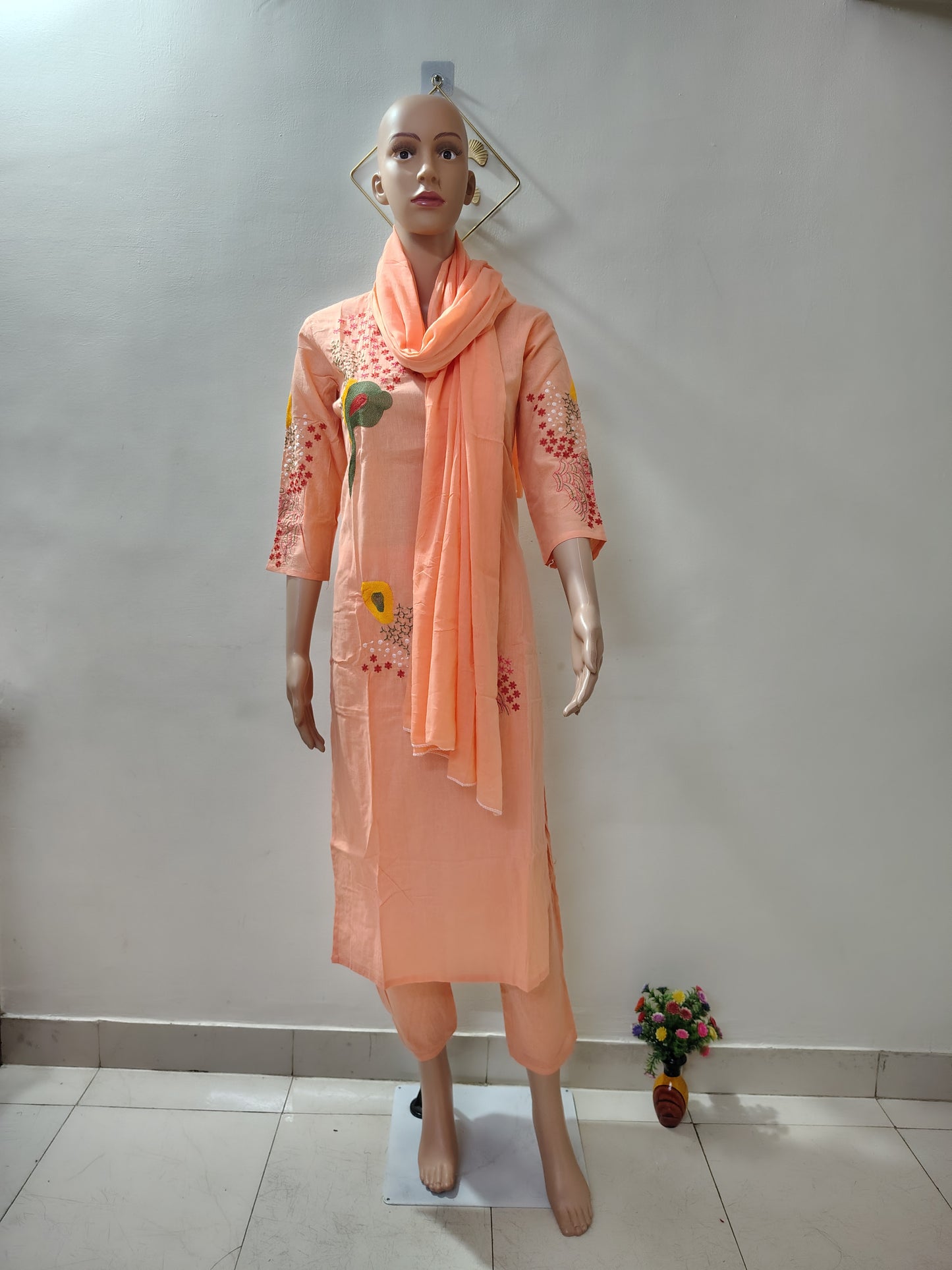 Peach Embroidered Kurta Set with Dupatta