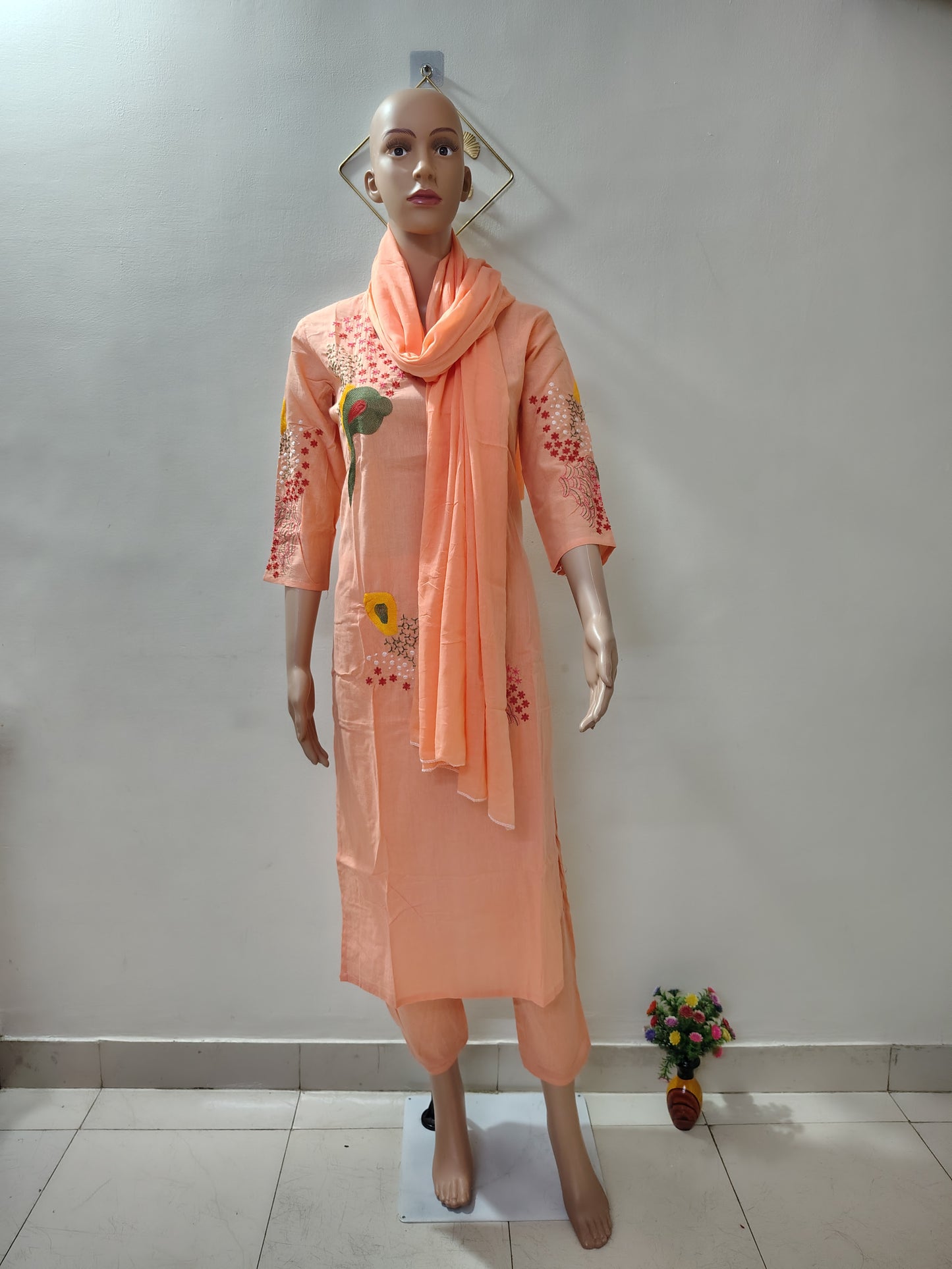 Peach Embroidered Kurta Set with Dupatta