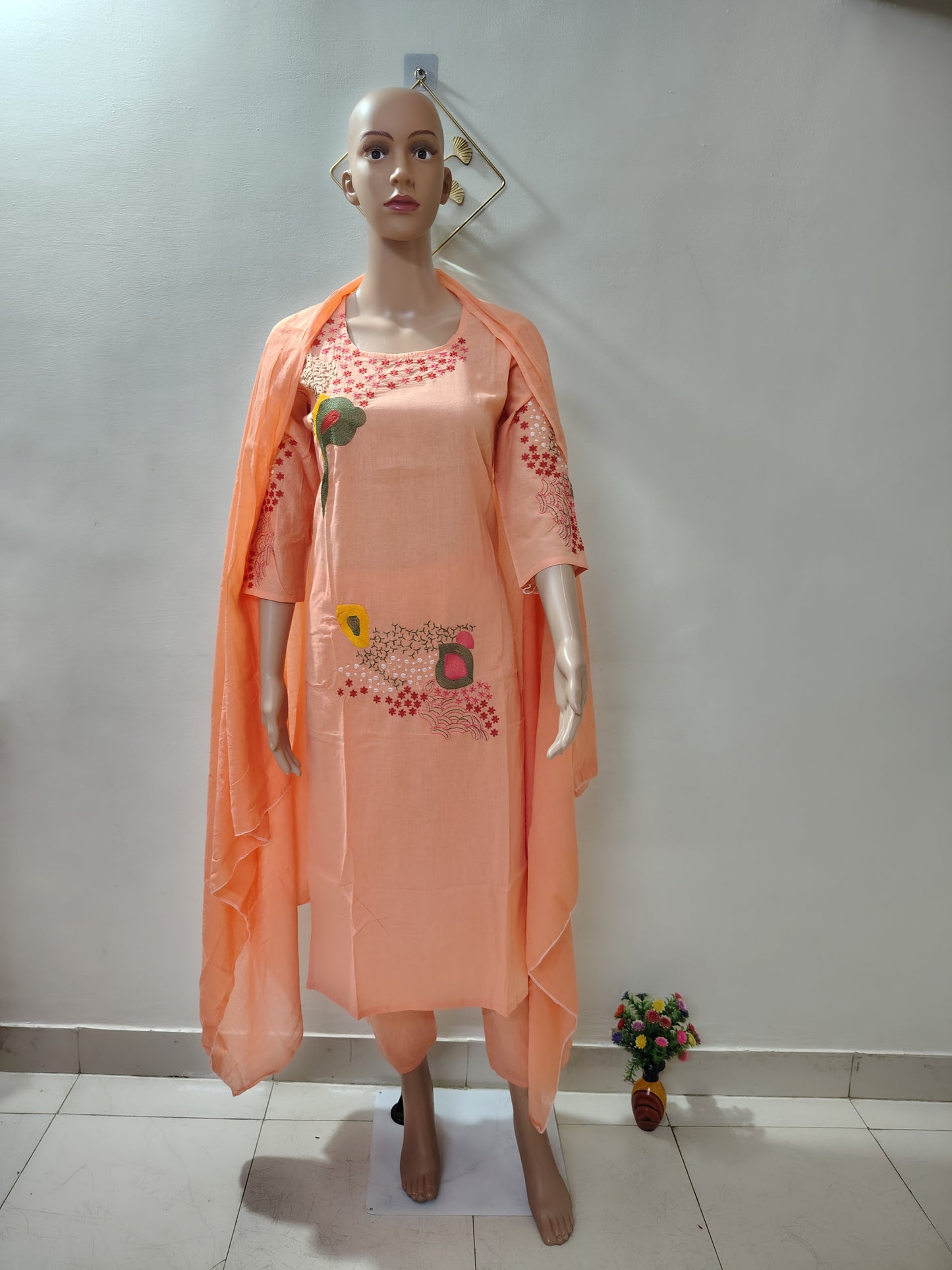Peach Embroidered Kurta Set with Dupatta