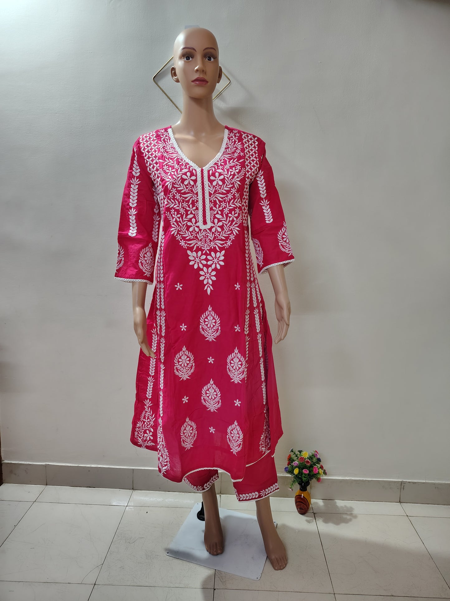 Rani Pink Embroidered A-Line Suit with Dupatta for Women