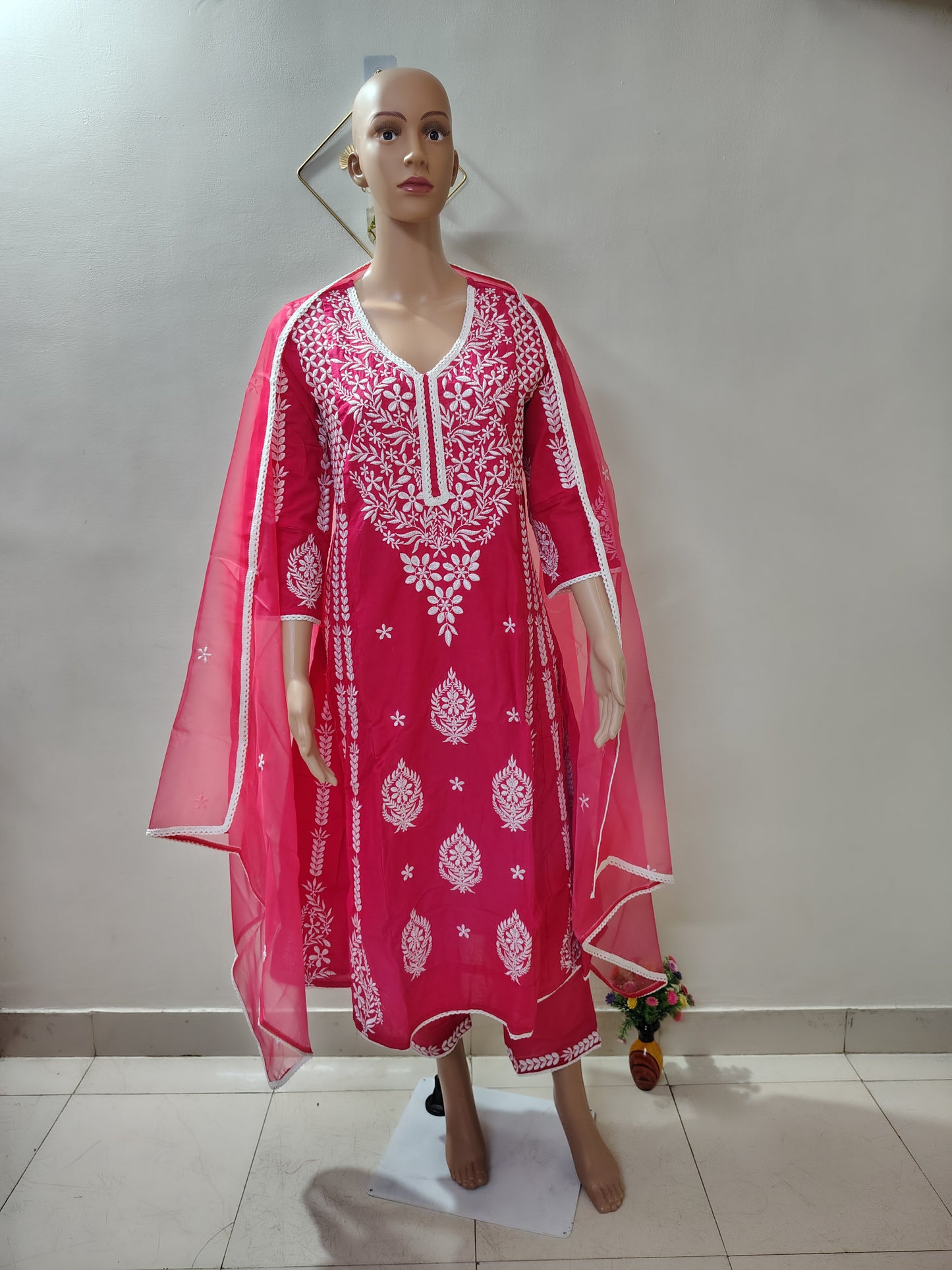 Rani Pink Embroidered A-Line Suit with Dupatta for Women