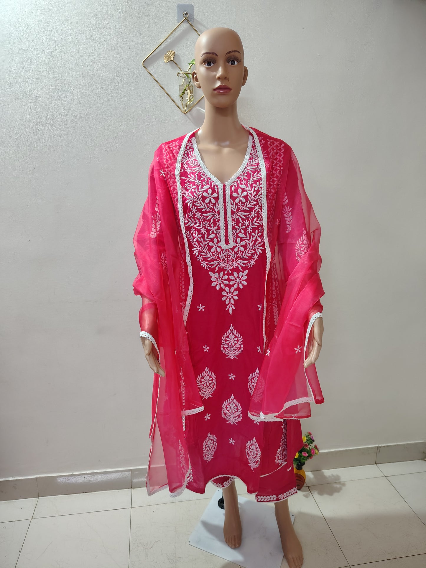 Rani Pink Embroidered A-Line Suit with Dupatta for Women