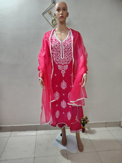 Rani Pink Embroidered A-Line Suit with Dupatta for Women