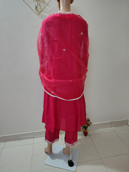 Rani Pink Embroidered A-Line Suit with Dupatta for Women