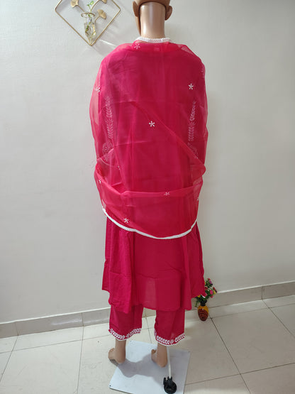 Rani Pink Embroidered A-Line Suit with Dupatta for Women