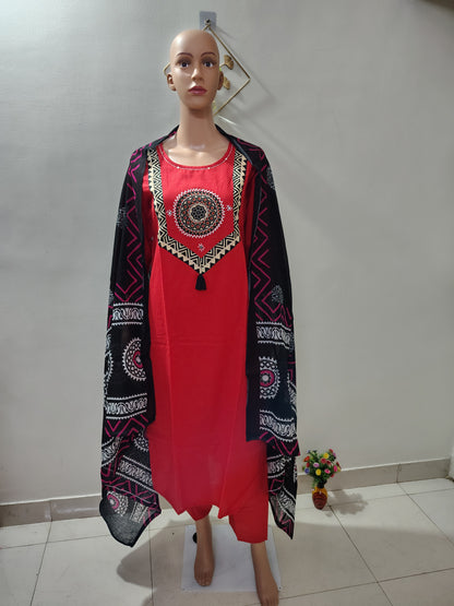 Red Straight Kurta Set paired with a Black Printed Dupatta