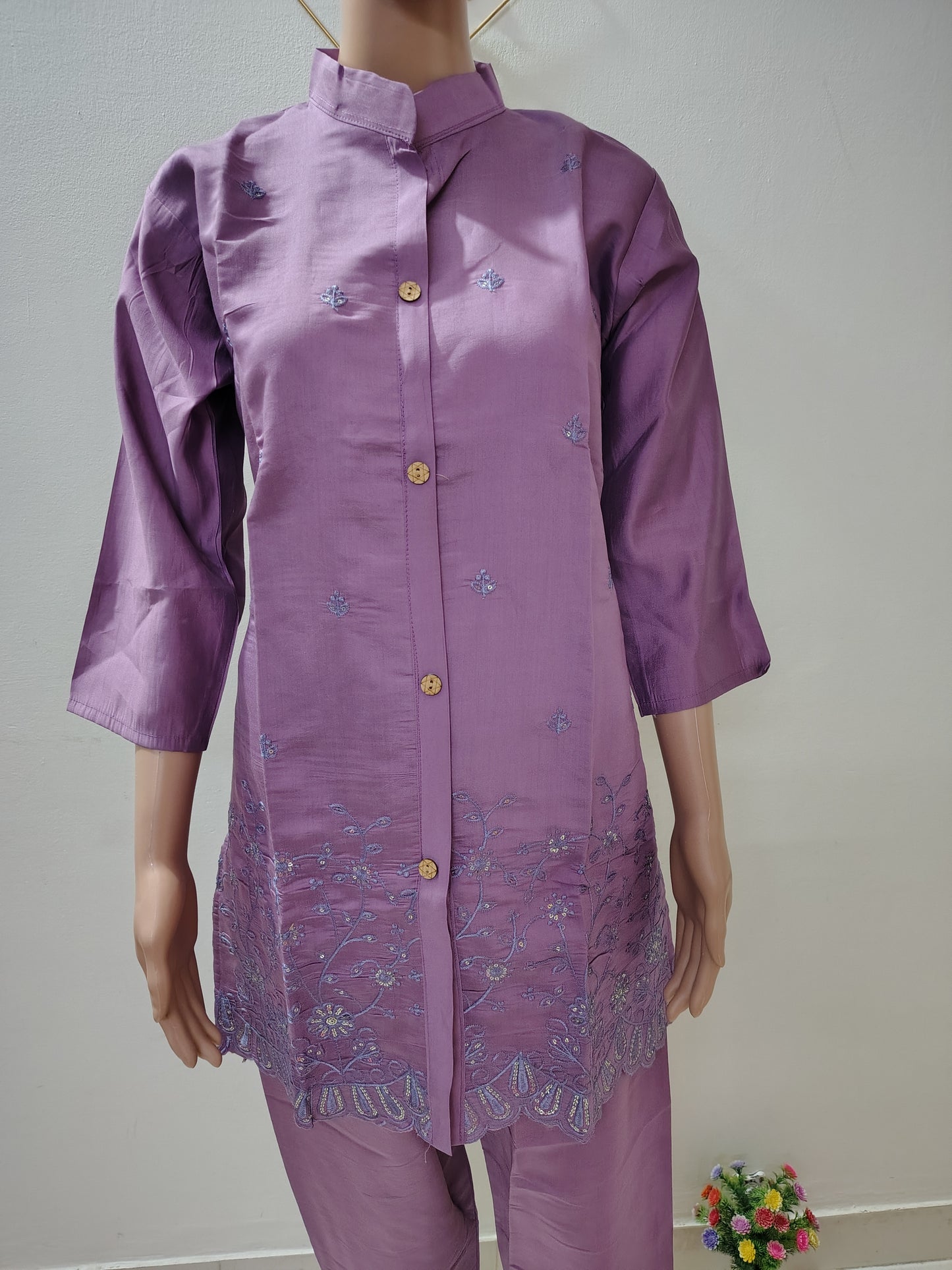 Purple Silk Blend Embroidered Co-Ord Set for Women – Smart Casual Ethnic Wear