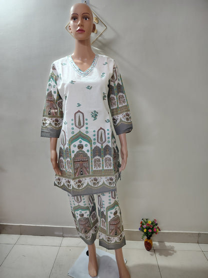 White Printed Co-Ord Kurta