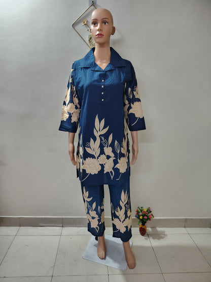 Navy Blue Floral Printed Co-Ord Kurta Set for Women