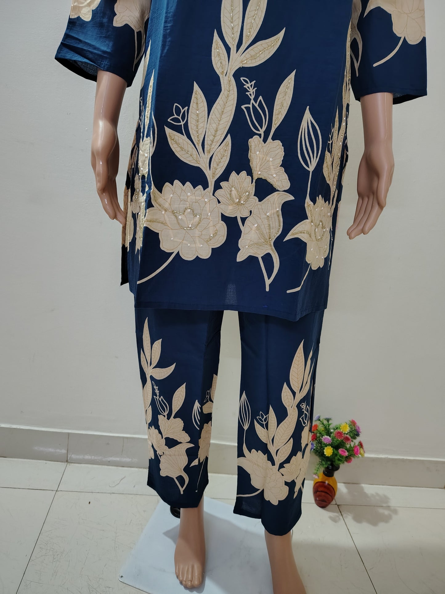 Navy Blue Floral Printed Co-Ord Kurta Set for Women