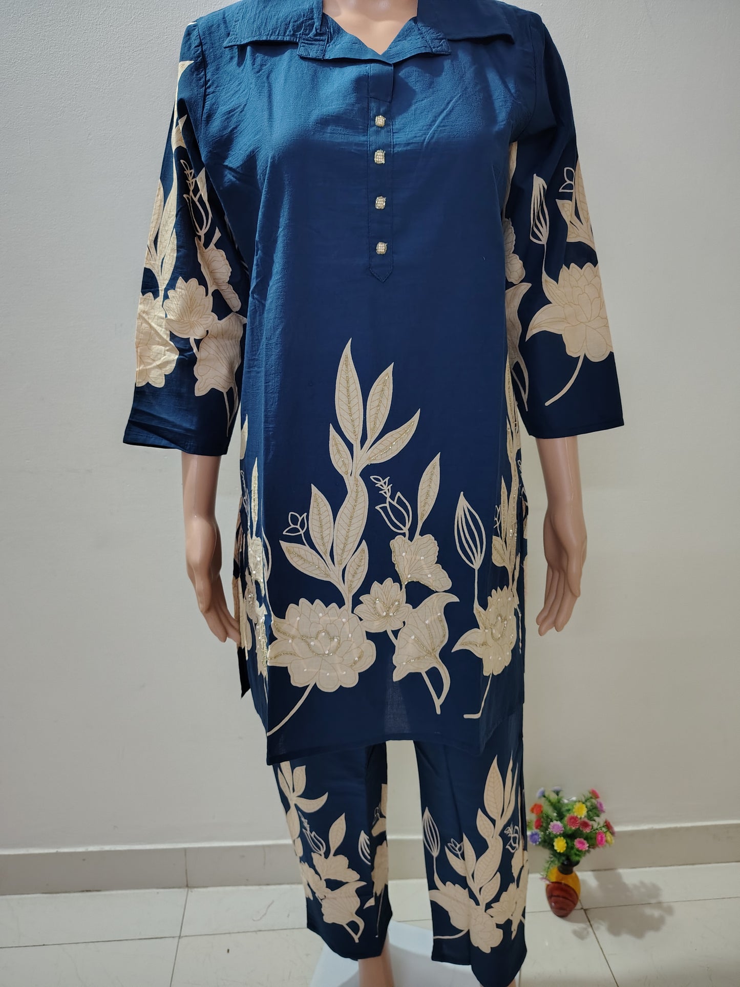 Navy Blue Floral Printed Co-Ord Kurta Set for Women