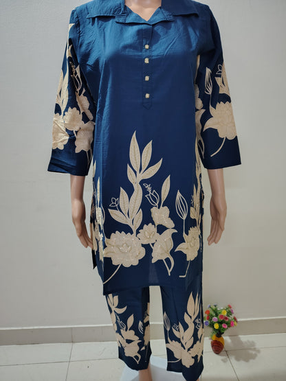 Navy Blue Floral Printed Co-Ord Kurta Set for Women